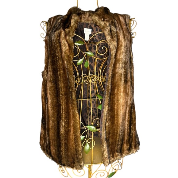 Chico’s Brown Faux Fur Leopard Print Lined Vest Jacket - Women’s Size 1 (Medium) - Picture 1 of 12